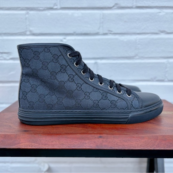 Gucci *AUTHENTICATED* GG High ‘Logo Print’ Black Canvas Sneakers, Men’s SZ 9 - Picture 3 of 16